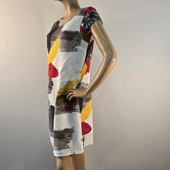 Terzo Millennio Italy Abstract Print Linen Shift Dress Size M Cap Sleeve Pockets - Picture 3 of 13